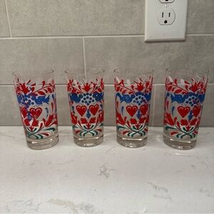 Set of 4 Vintage Floral Heart Glasses in Red, Blue & Green libbey? 8 oz folk art